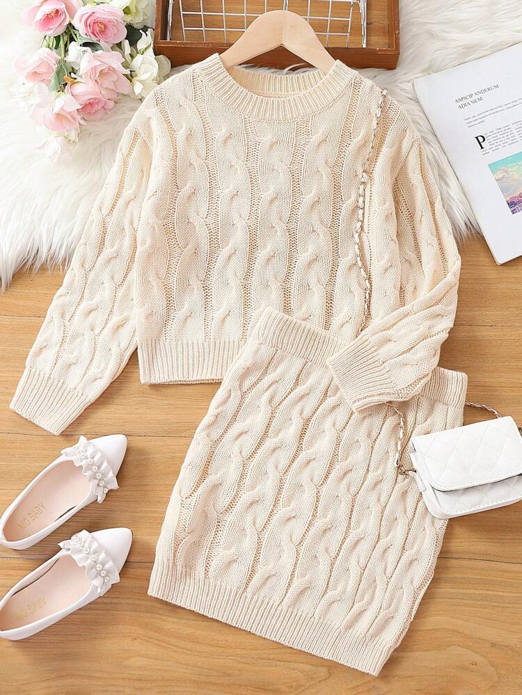 Tween Girl Cable Knit Sweater & Knit Skirt