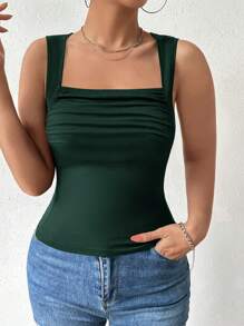 Calvaya Plus Solid Ruched Tank Top - Dark Green - View 5