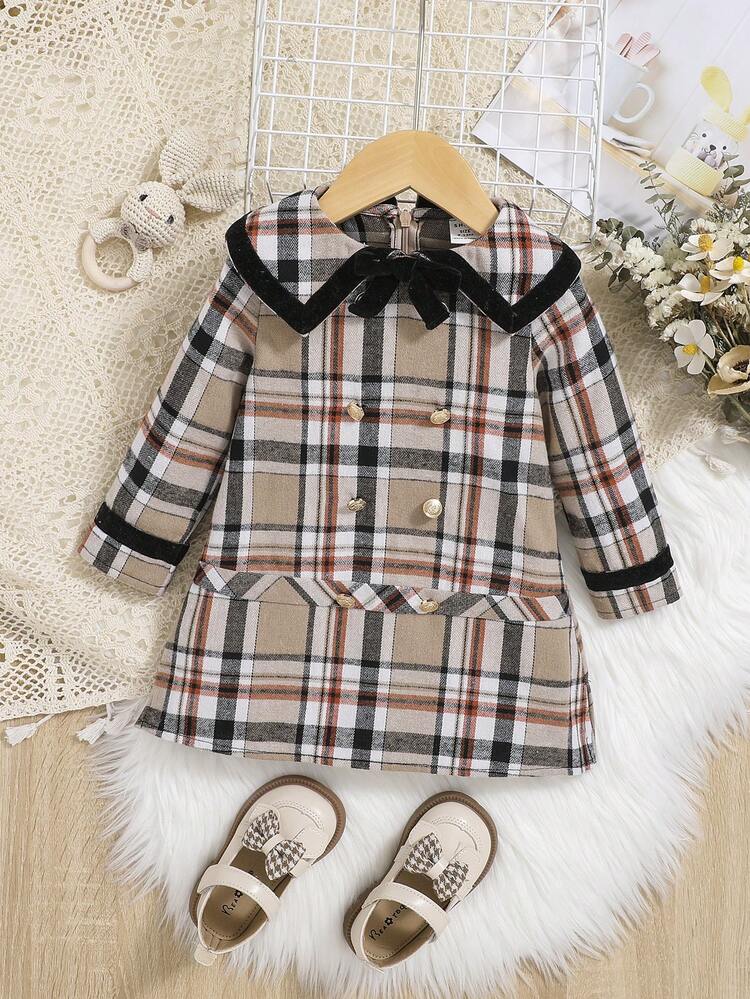 Baby Girl Vintage Peter Pan Collar Grid Patterned Long Sleeve Dress With Bowknot Decoration
