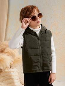 SHEIN Tween Boy 1 件恐龙图案贴片细节连帽背心加厚外套 - 軍綠色 - 查看 5