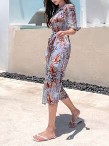 DAZY Tropical Print Open Front Kimono Summer,Beach Women Outfits