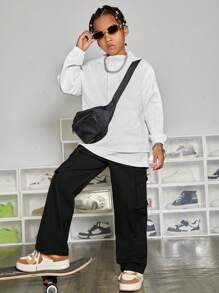 SHEIN Leap Crew Tween Boy Angled Patch Pocket Design 3D Cargo Pockets Loose Straight Leg Cargo Pants - Black - View 3