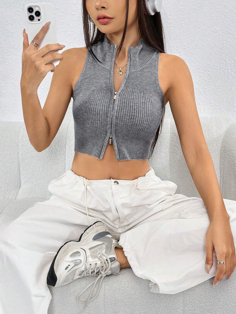 SHEIN EZwear Zip Up Crop Knit Top - Grey - View 1