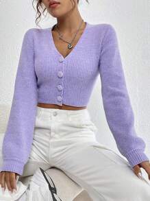 SHEIN Qutie Đồ đan Ribbed Nút phía trước Cắt sửa áo lông cừu - Màu Lilac Tím - Xem 1