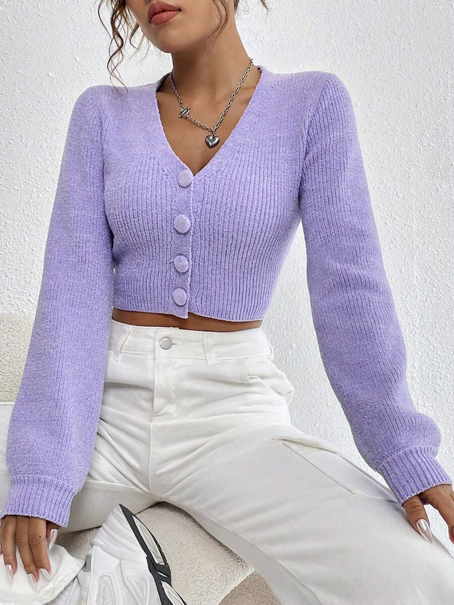 SHEIN Qutie Đồ đan Ribbed Nút phía trước Cắt sửa áo lông cừu - Màu Lilac Tím - Xem 1