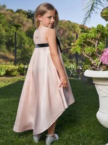 Tween Girl Bow Front High Low Hem Party Dress - Baby Pink - View 2
