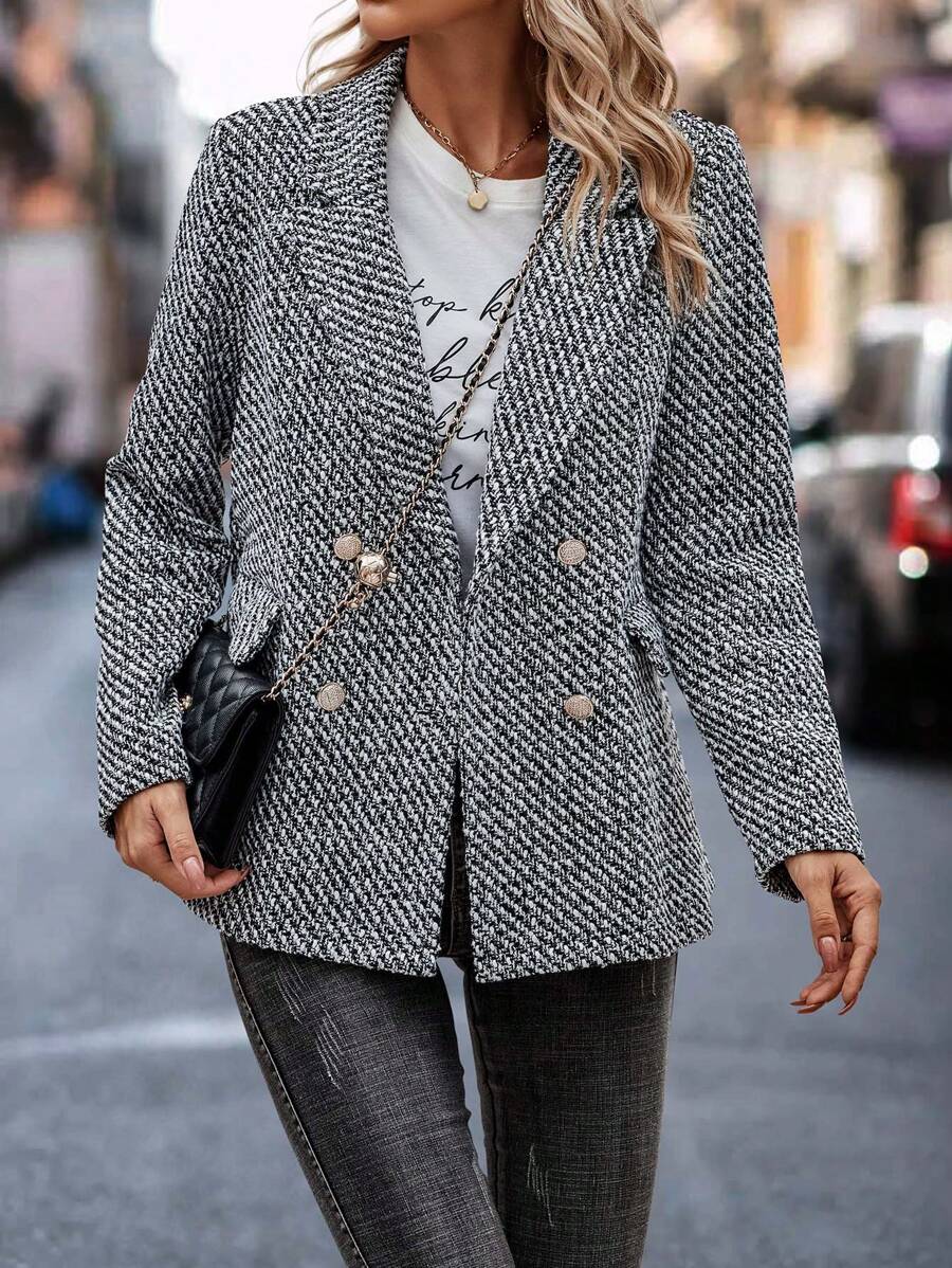 SHEIN LUNE Solid Double Breasted Blazer - Black and White - View 1