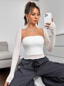 Muchica unicolor ribete en forma de lechuga Top bandeau & Bolero - Blanco - Ver 3