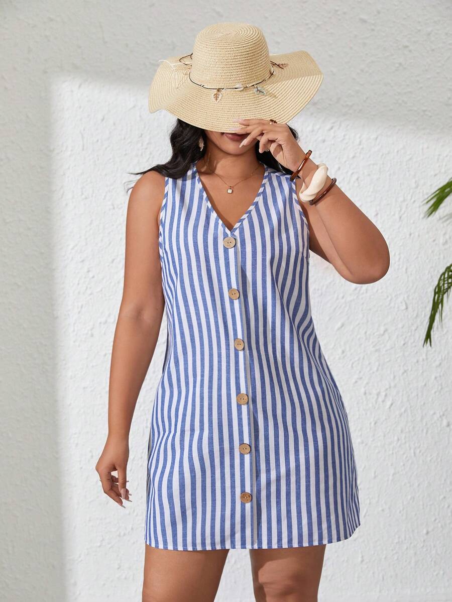 SHEIN VCAY 大碼條紋印花前紐扣洋裝