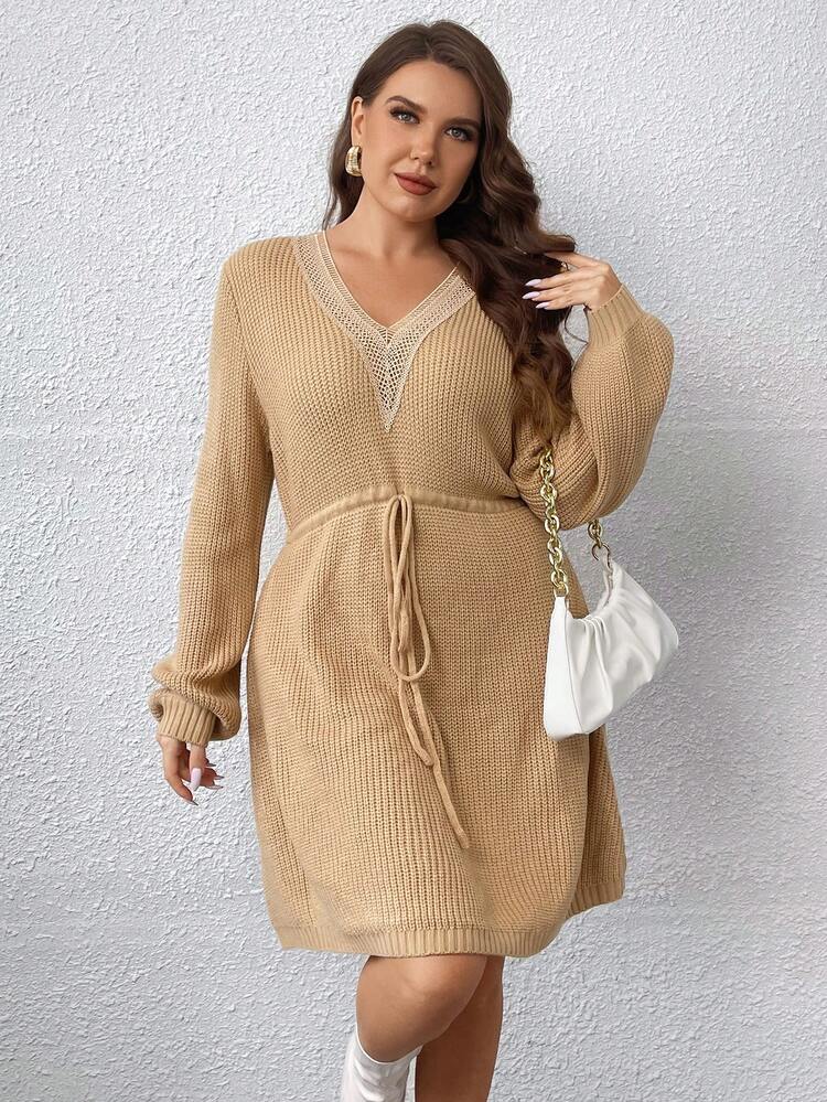 Plus Drawstring Waist Lantern Sleeve Sweater Dress