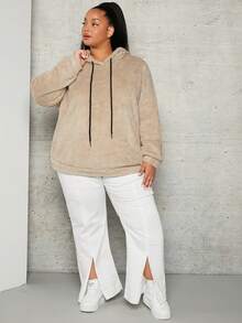 SHEIN CURVE+ Sudadera tipo teddy con cordón para tallas grandes - Albaricoque - Ver 5