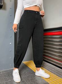 SHEIN ICON Hơn Cao eo Túi nắp bên cạnh Quần jean chở hàng - màu đen - Xem 6