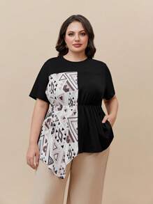 Mulvari Hơn In Địa lý Viền không đối xứng Áo thun - màu đen - Xem 1