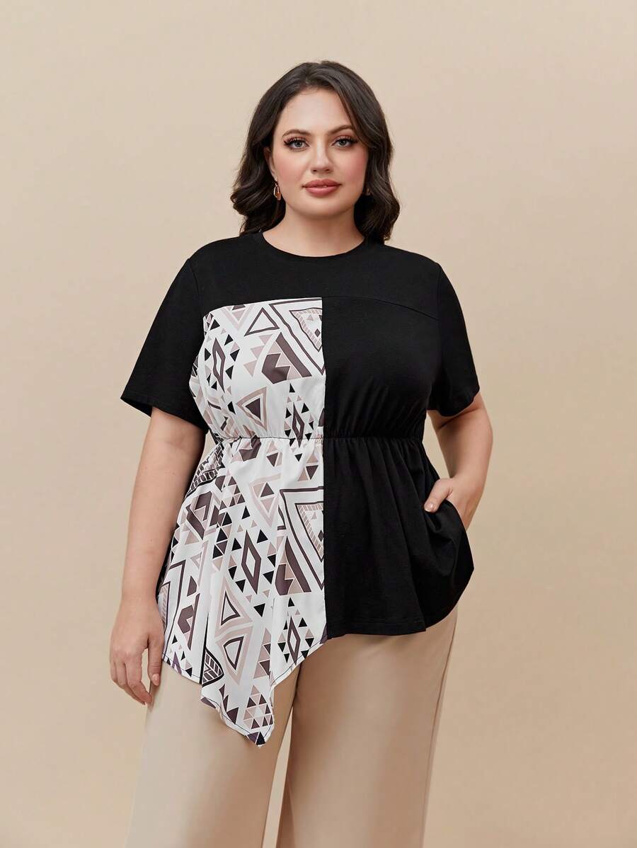 Mulvari Hơn In Địa lý Viền không đối xứng Áo thun - màu đen - Xem 1