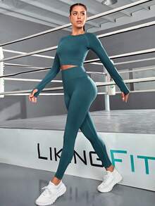 SHEIN Daily&Casual 無縫插肩袖運動套裝 - 墨綠色 - 查看 2