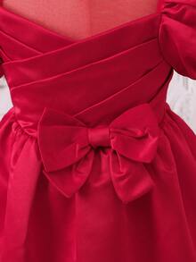 Young Girl Puff Sleeve Bow Front Mesh Overlay Party Dress - Red - View 3