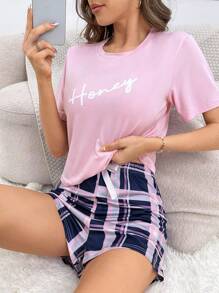 Letter Graphic Tee & Plaid Shorts & Pants PJ Set - Multicolor - View 6