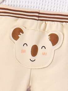 SHEIN Baby Boy Cartoon Embroidery 3D Ear Design Striped Trim Pants - Apricot - View 5