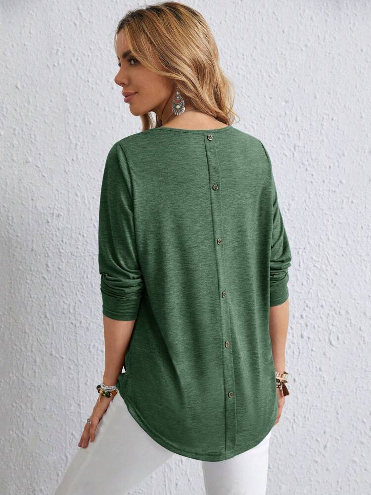 Women's Casual Solid Color Button Back Curved Hem T-Shirt Women Long Sleeve Tops Grey Tops For Women Gray Blouse Women Solid Color T Shirt Tops Women Women Women's Fall Clothes