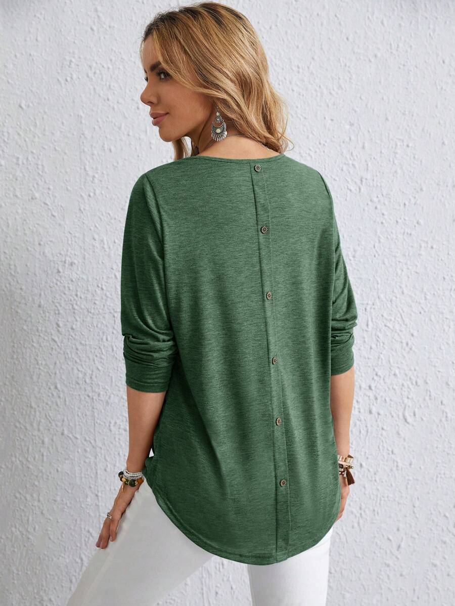 EMERY ROSE 素色後紐扣弧形下擺T恤 - 綠色 - 查看 1