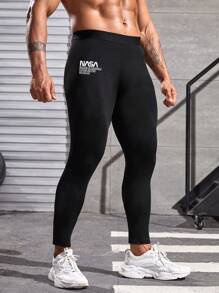 Running Boyfriend Style Men Slogan Graphic Sports Tights - Black - View 3