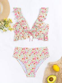 Swim Mod Summer Beach Ditsy Floral Ruffle Trim Bikini Set - Multicolor - View 6