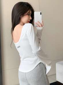 DAZY Letter Graphic Scoop Neck Tee - White - View 6