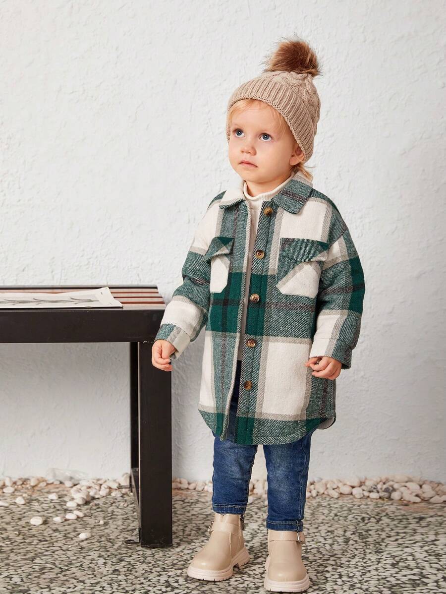 SHEIN Baby Girl Plaid Print Flap Pocket Drop Shoulder Overcoat - Green - View 1