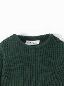 SHEIN Leap Crew Baby Boy Waffle Knit Sweater, For Christmas - Dark Green - View 3