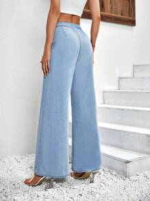 SHEIN Essnce Lace Up Front Wide Leg Jeans - Light Wash - View 2