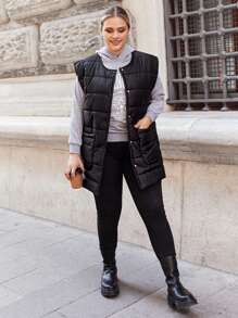 RueChic Plus Button Front Puffer Vest Coat - Black - View 5