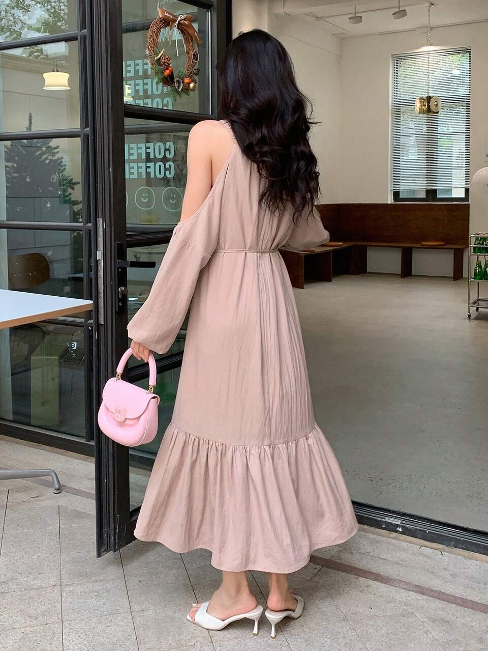 Cold Shoulder Ruffle Hem Belted Dress Sundress,Fall Clothes Long Sleeve Dress Maxi Dress