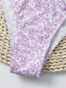Swim Mod Summer Beach Ditsy Floral Drawstring Bikini Set - Purple - View 4