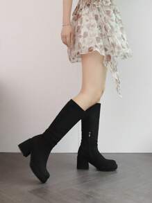 女性新品到貨厚跟及膝靴帶防水台和增高功能適用於秋冬 - 黑色 - 查看 2
