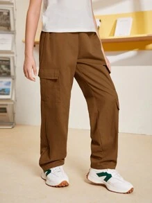 SHEIN 男童休闲宽松工装裤，棕色长裤，宽松工装裤，棕色工装裤，男童工装裤，冬季 - 棕色 - 查看 3