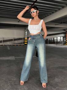 SHEIN ICON Cắt bỏ eo Quần legging thẳng - Rửa nhẹ - Xem 3