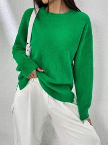SHEIN EZwear Jersey unicolor de hombros caídos - Verde - Ver 3