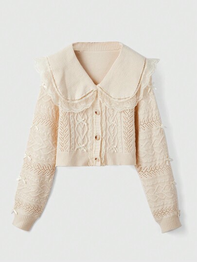 Kawaii Lace Trim Statement Collar Pointelle Knit Cardigan