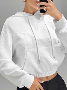 SHEIN ICON 素色星星插肩袖抽繩短款連帽衫 - 白色 - 查看 3