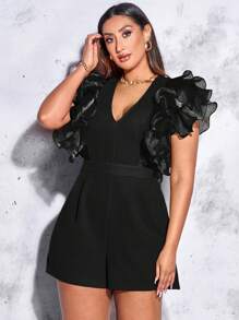 SHEIN BAE Plus Ruffle Trim Zip Back Romper - Black - View 3