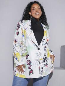 SHEIN CURVE+ 大碼塗鴉圖案西裝領西裝外套 - 彩色 - 查看 7
