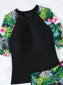 SHEIN Swim Tropical Print Zipper Front Rashguard,Summer Beach - Multicolor - View 5