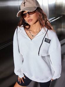SHEIN Unity Letter Patched Drop Shoulder Drawstring Hoodie - White - View 3
