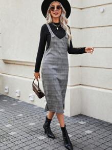 SHEIN LUNE Plaid Print Overall Dress Without Tee - Multicolor - View 1