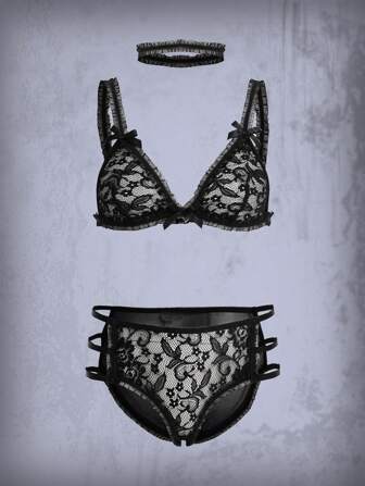 Goth طقم ملابس داخلية دانتيل زهري قص مجوف مع قلادة 3 قطع