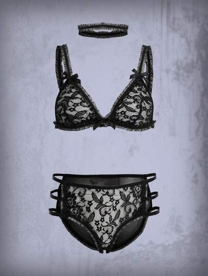 Goth طقم ملابس داخلية دانتيل زهري قص مجوف مع قلادة 3 قطع