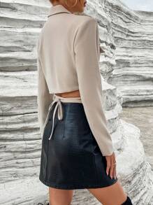 SHEIN Privé Cổ áo Thánh giá Buộc lại Crop Blazer - Màu Khaki - Xem 2