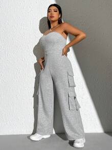SHEIN EZwear 大碼側翻蓋口袋抹胸連體褲 - 灰色 - 查看 5