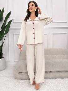 SHEIN Contrast Binding Button Front Top & Pants PJ Set / Pajama Set, Fall Winter Clothes - Apricot - View 5