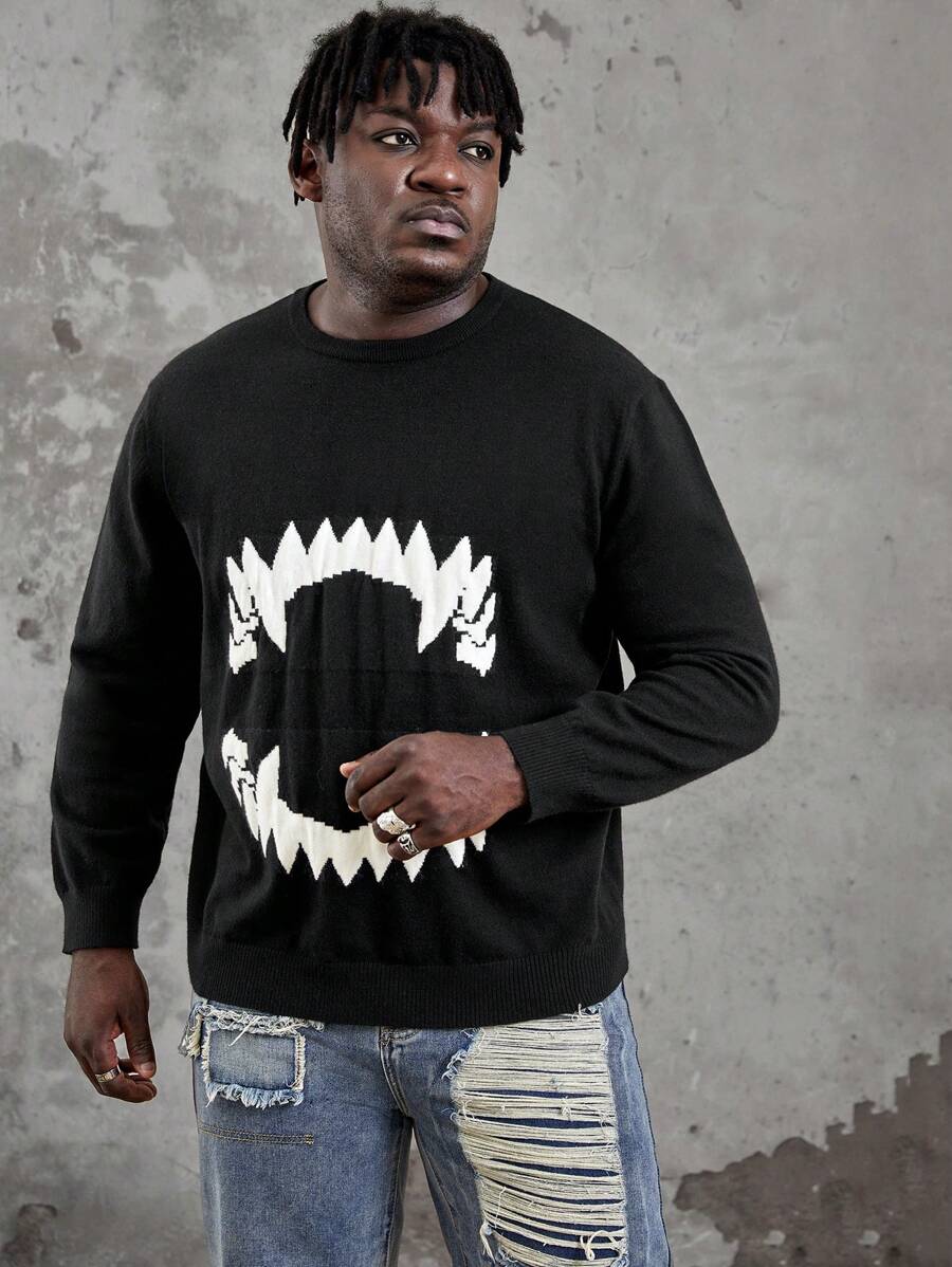 Manfinity VCAY Men Plus Halloween Graphic Pattern Sweater, For Fall Winter - Black - View 1